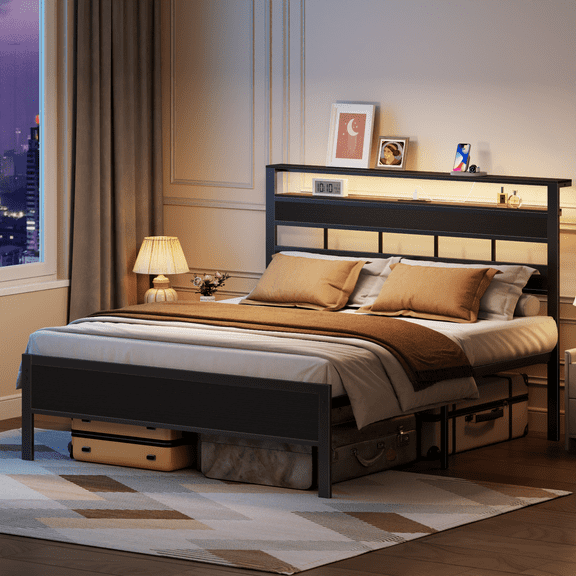 Satifur Queen Size Bed Frame with Storage Headboard and LED Light, Platform Bed with Metal Slats, Noise Free Design