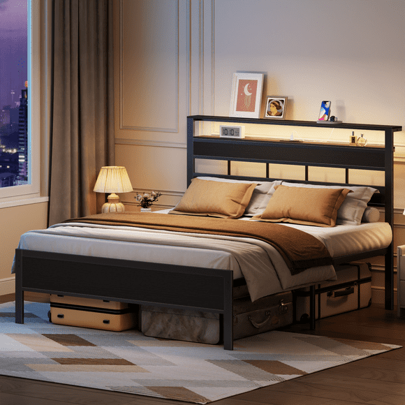 Satifur Queen Size Bed Frame with Storage Headboard and LED Light, Platform Bed with Metal Slats, Noise Free Design