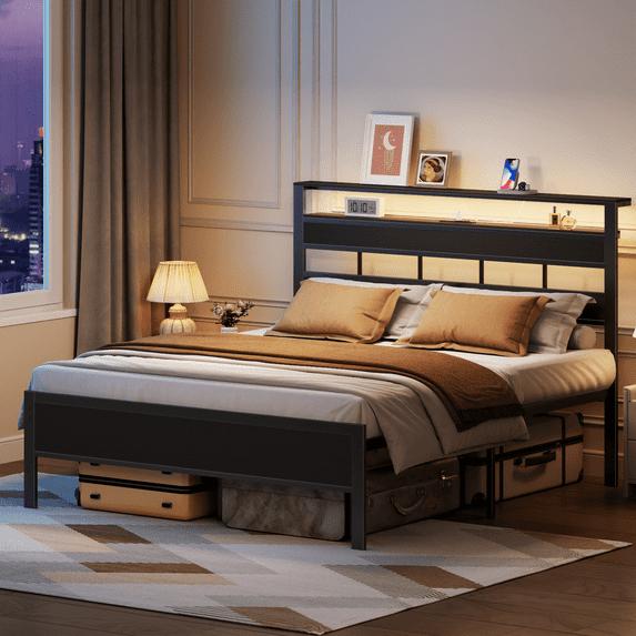 Satifur Queen Size Bed Frame with Storage Headboard and LED Light, Platform Bed with Metal Slats, Noise Free Design