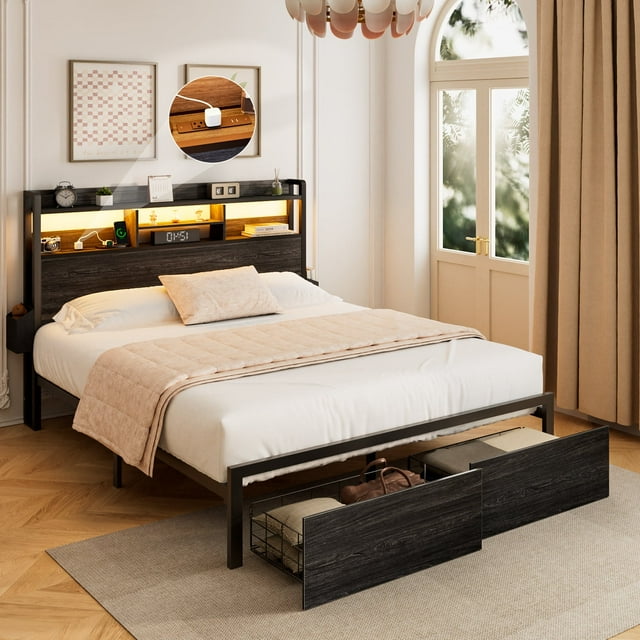 Satifur Queen Size LED Light Bed Frame with Storage Shelf and USB Ports ...