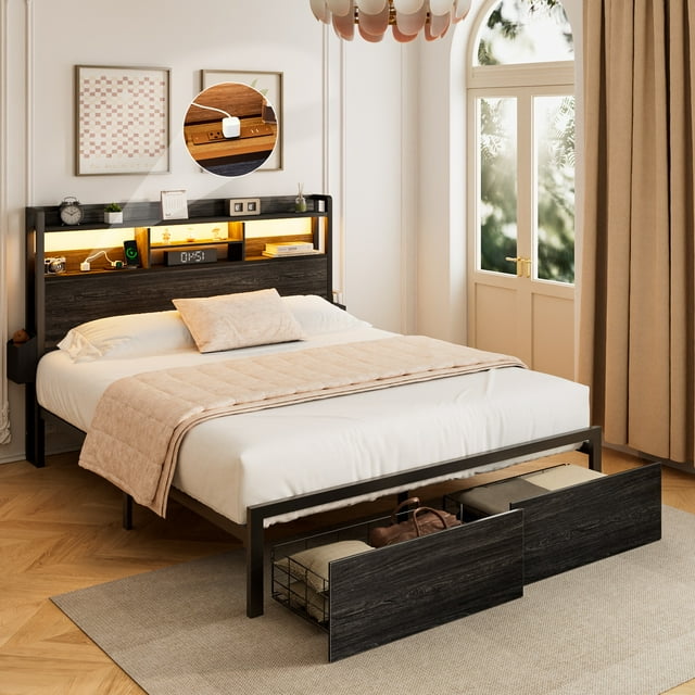 Satifur Queen Size LED Light Bed Frame with Storage Shelf and USB Ports