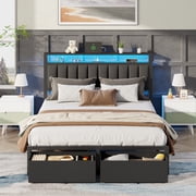 Satifur Queen Bed Frame with 2 Drawers & Storage Headboard, Platform Metal Bed with 2 USB Ports and Outlets, No Box Spring Needed
