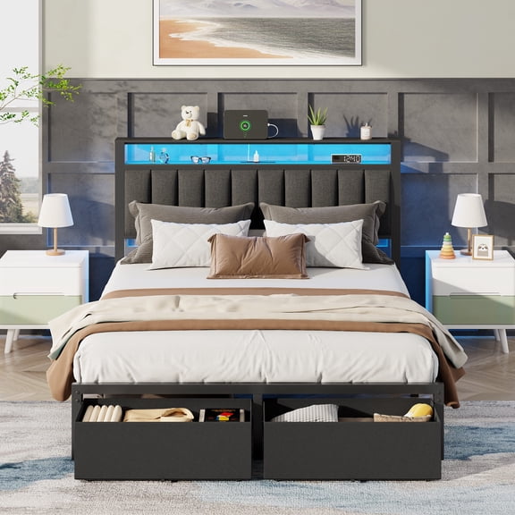 Satifur Queen Bed Frame with 2 Drawers & Storage Headboard, Platform Metal Bed with 2 USB Ports and Outlets, No Box Spring Needed
