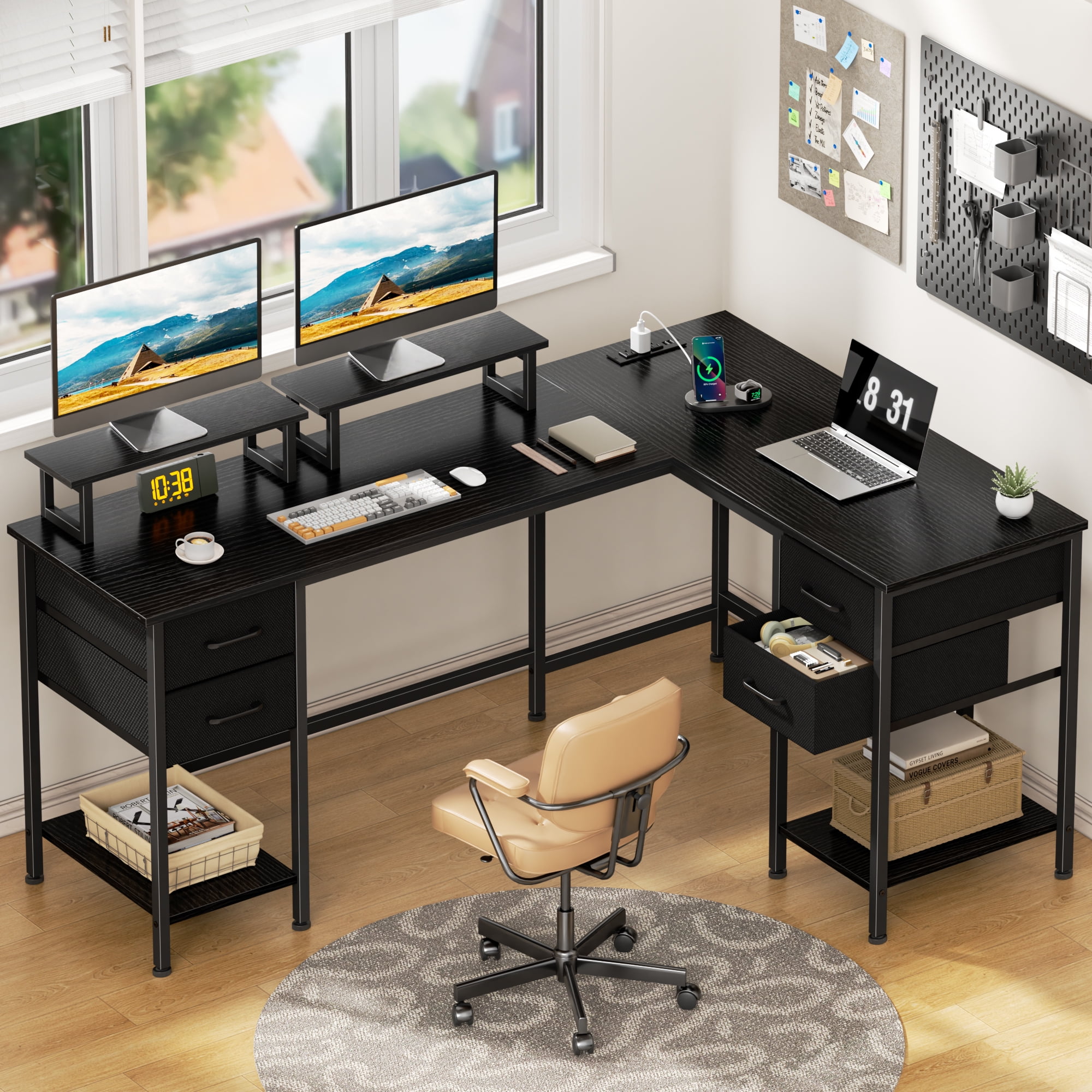 Satifur Reversible 59 inch L Shaped Computer Desk with LED Lights & Power Outlet, Black Gaming Table with Monitor Stand
