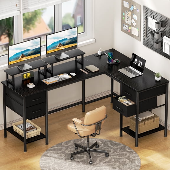 Satifur Reversible 59 inch L Shaped Computer Desk with LED Lights & Power Outlet, Black Gaming Table with Monitor Stand