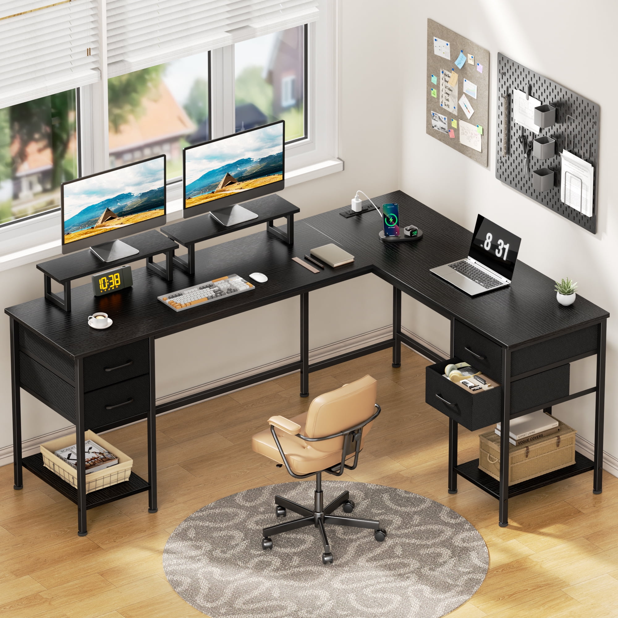Satifur Reversible 66 inch L Shaped Computer Desk with LED Lights & Power Outlet, Black Gaming Table with Monitor Stand