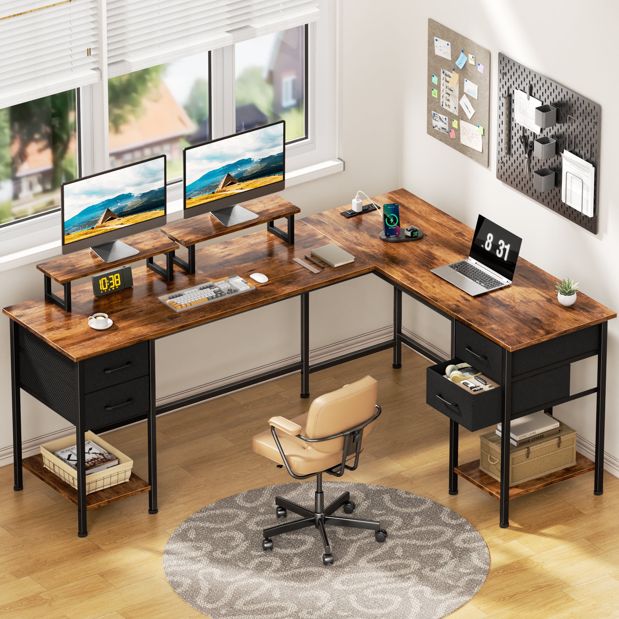 Satifur Reversible 66 inch L Shaped Computer Desk with LED Lights & Power Outlet, Rustic Gaming Table with Monitor Stand