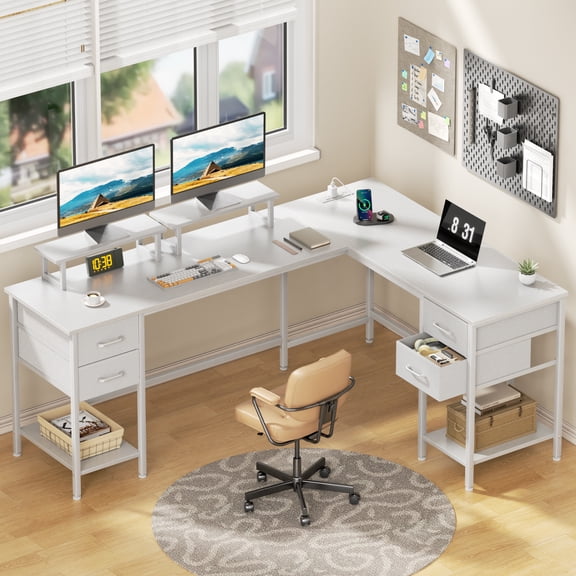 Satifur Reversible 66 inch L Shaped Computer Desk with LED Lights & Power Outlet, White Gaming Table with Monitor Stand