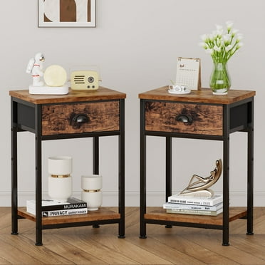 Satifur Set of 2 Nightstand for Bedroom,3-Tier End Table with Drawer,Rustic Brown