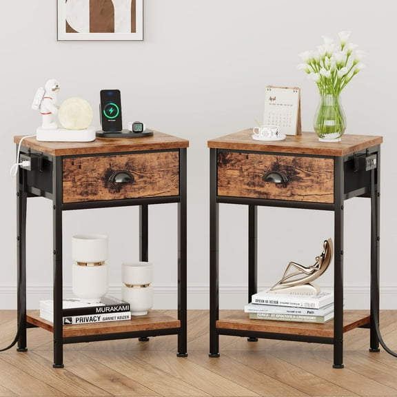 Satifur Set of 2 Nightstand with Charging Station for Bedroom,Side End Table with Outlets & USB Ports,Rustic Brown