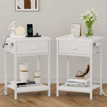 Satifur Set of 2 Nightstand with Charging Station for Bedroom,Side End Table with Outlets & USB Ports,White