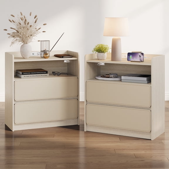 Satifur Set of 2 Saddle Leather Nightstand, Wooden Bedside Table with Charging Port & Storage Drawers
