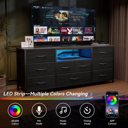 Satifur 9-Drawer Fabric Dresser with LED, Wide Storage Cabinet & TV Stand for Bedroom or living room, Black Oak