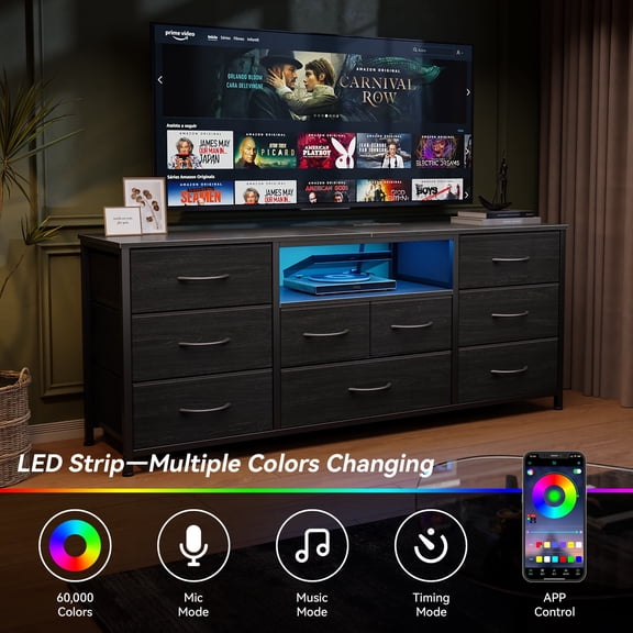 Satifur 9-Drawer Fabric Dresser​ with LED, Wide Storage Cabinet & TV Stand for Bedroom or living room, Black Oak