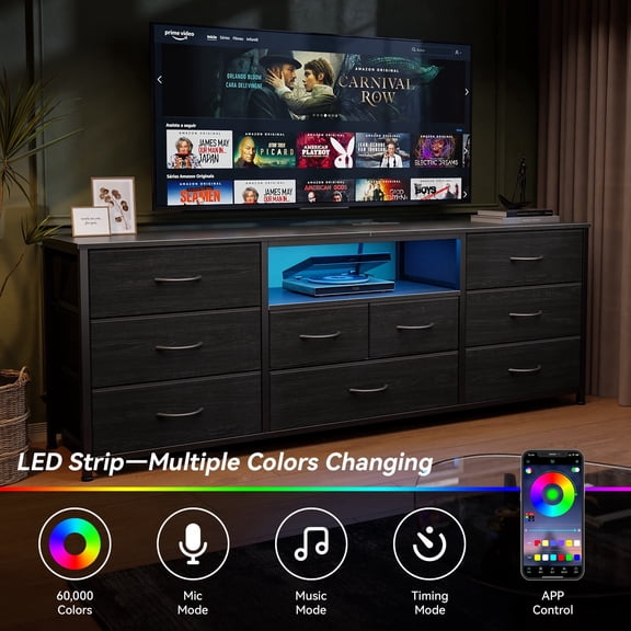 Satifur 9-Drawer Fabric Dresser with LED, Wide Storage Cabinet & TV Stand for Bedroom or living room, Black Oak