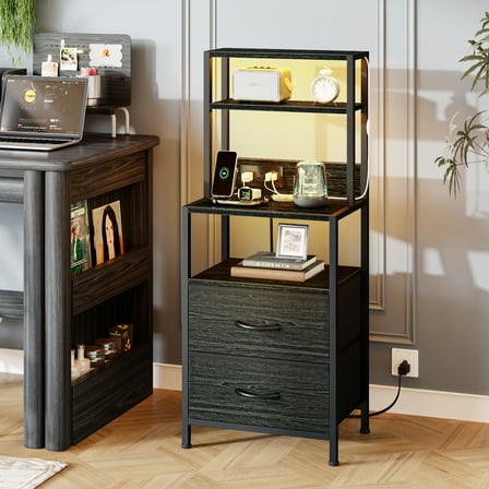 Satifur Tall LED Nightstand,Bedside Table with Charging Station,2 Fabric Drawers & Shelfs for Bedroom Living Room,Black Oak