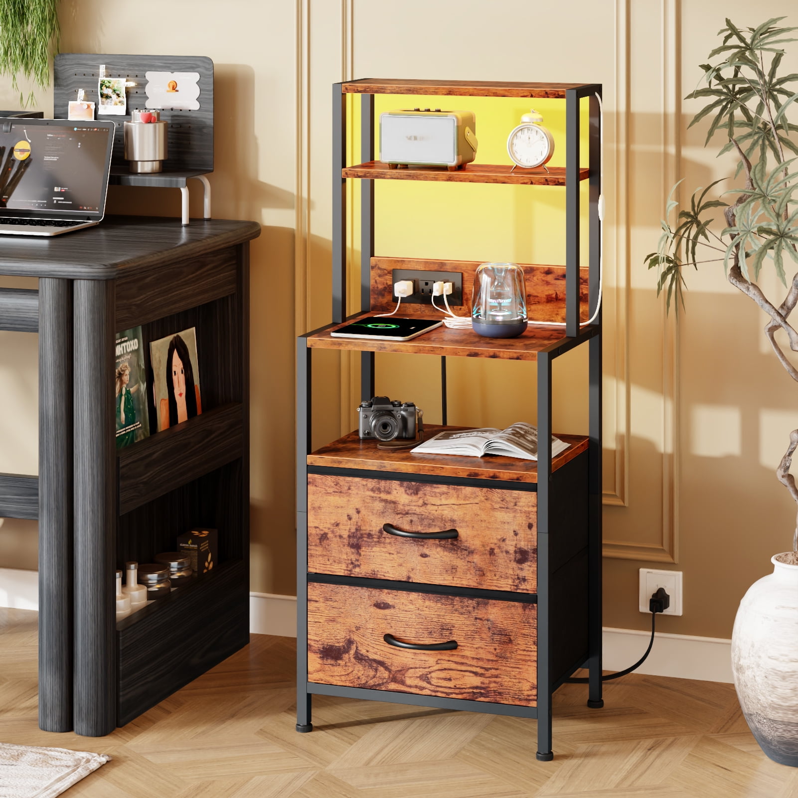 Satifur Tall LED Nightstand,Bedside Table with Charging Station,2 Fabric Drawers & Shelfs for Bedroom Living Room,Rustic Brown