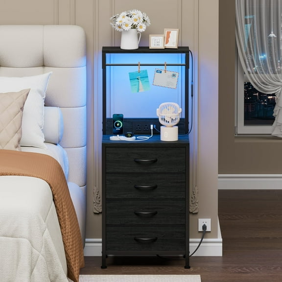 Satifur Tall Nightstand with Charging Station and Drawers, Bedside Table with 4 Fabric Drawers, LED Lights, and 2 Storage Shelves, Black Oak