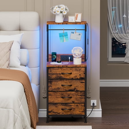 Satifur Tall Nightstand with Charging Station and Drawers, Bedside Table with 4 Fabric Drawers, LED Lights, and 2 Storage Shelves, Rustic Brown