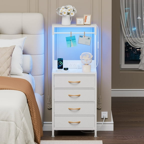Satifur Tall Nightstand with Charging Station and Drawers, Bedside Table with 4 Fabric Drawers, LED Lights, and 2 Storage Shelves, White