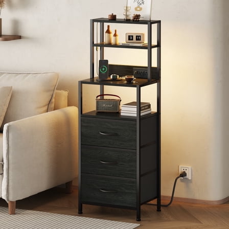Satifur Tall Nightstand with Charging Station and LED Lights, Bedside Table with Bookshelf,3 Fabric Drawers, Black Oak