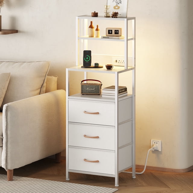 Satifur Tall Nightstand with Charging Station and LED Lights, Bedside ...