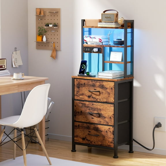 Satifur Tall Nightstand with Charging Station and LED Lights, Bedside Table with Drawers and Bookshelf, Rustic Brown