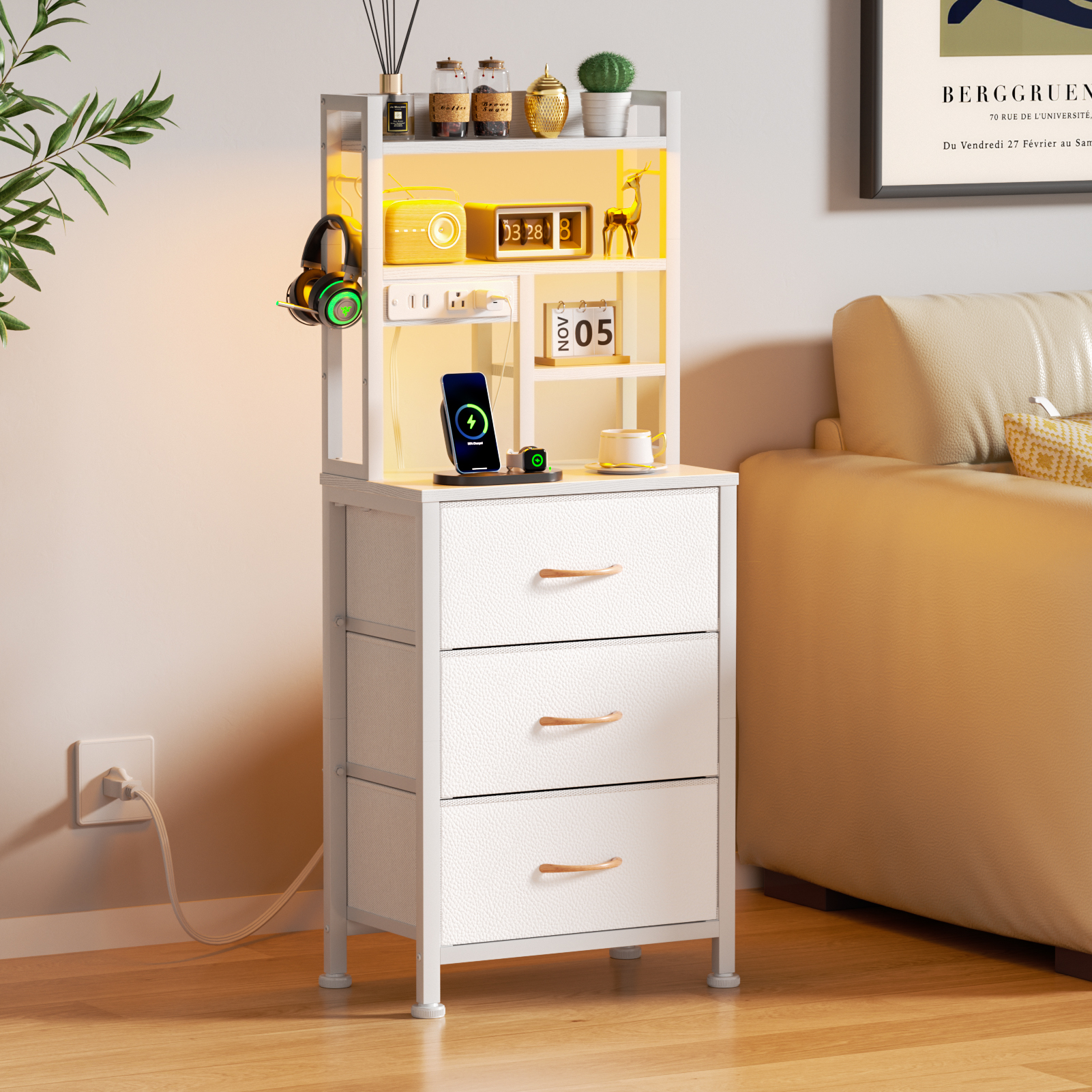 Satifur Tall Nightstand with Charging Station and LED Lights, Bedside