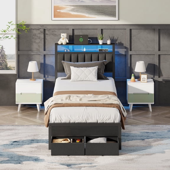 Satifur Twin Bed Frame with 2 Drawers & Storage Headboard, Platform Metal Bed with 2 USB Ports and Outlets, No Box Spring Needed