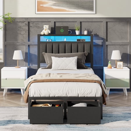 Satifur Twin Bed Frame with 2 Drawers & Storage Headboard, Platform Metal Bed with 2 USB Ports and Outlets, No Box Spring Needed