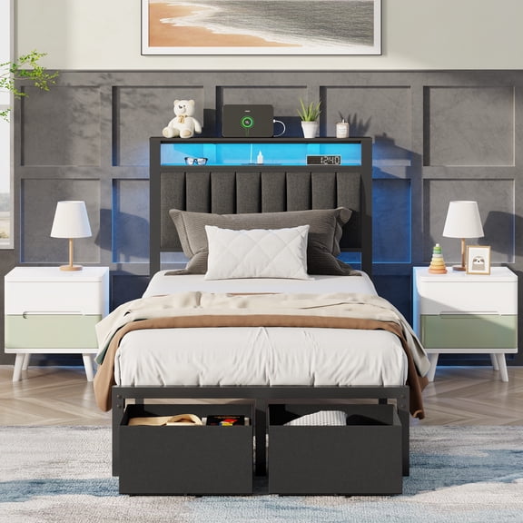 Satifur Twin Bed Frame with 2 Drawers & Storage Headboard, Platform Metal Bed with 2 USB Ports and Outlets, No Box Spring Needed