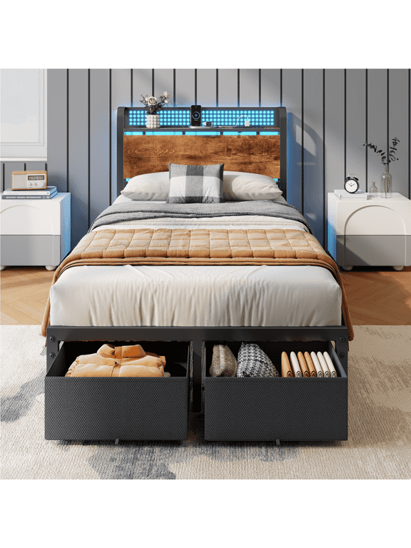 Twin Bed Frame with 2 Drawers & Storage Headboard, Platform Metal Bed with Charging Station, No Box Spring Needed