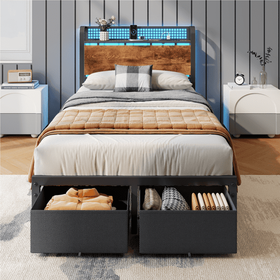 Satifur Twin Bed Frame with 2 Drawers & Storage Headboard, Platform Metal Bed with Charging Station, No Box Spring Needed