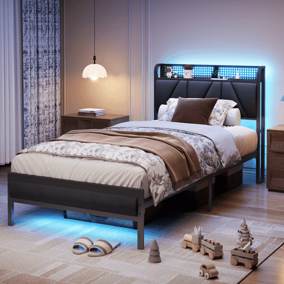 Satifur Twin Bed Frame with Upholstered Storage Headboard, Metal Platform Bed Station with Charging Station & LED, Noise-Free.No Box Spring Needed