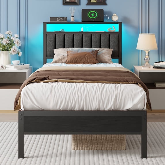 Satifur Twin LED Bed Frame with Smart RGB Lights, Headboard Charging Station, Versatile Storage Solution, Comfortable Upholstered Backrest, No Box Spring Needed