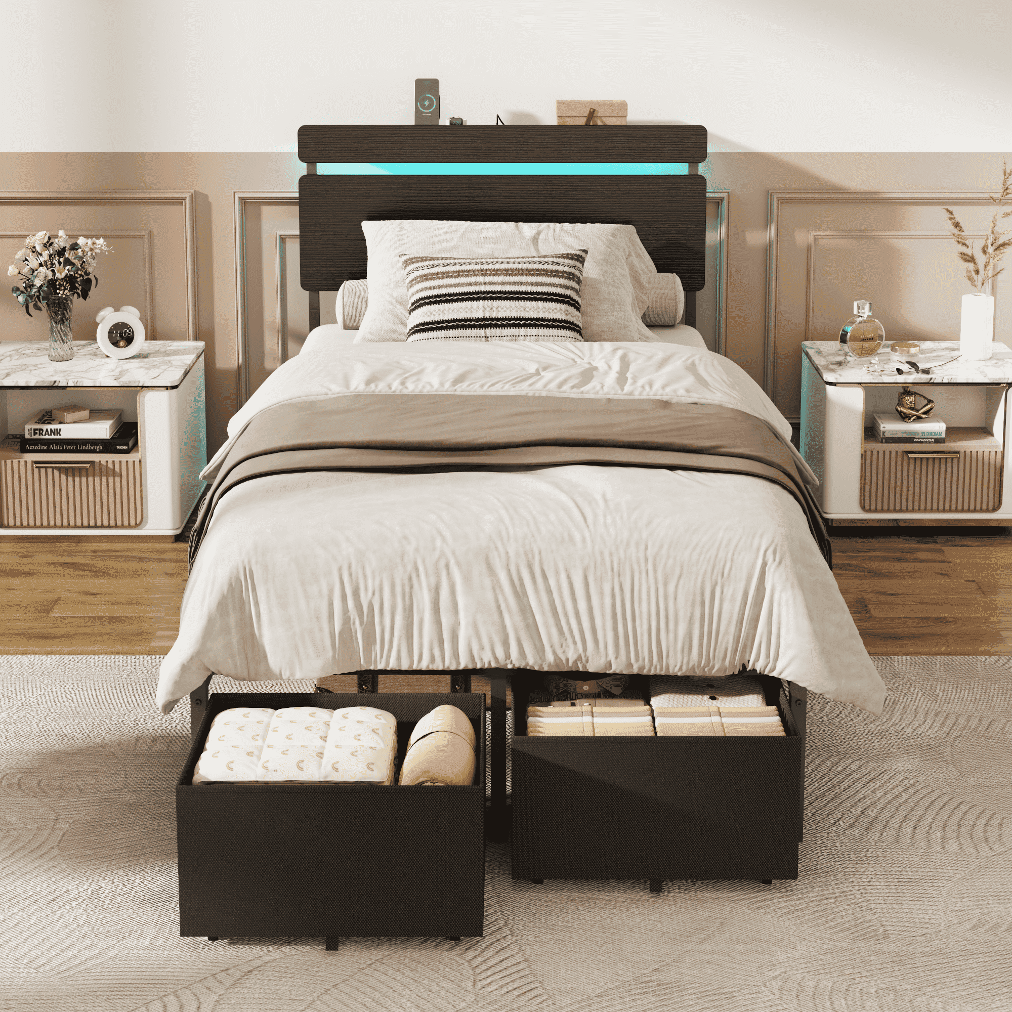 Satifur Twin Size Bed Frame with 2 Drawers & LED Lights & Charging ...