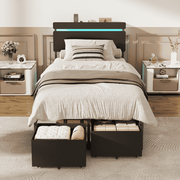 Satifur Twin Size Bed Frame with 2 Drawers & LED Lights & Charging Station, Beds with Headboard & 10.10" Under Bed Storage, No Box Spring Needed, Easy Assembly, Black