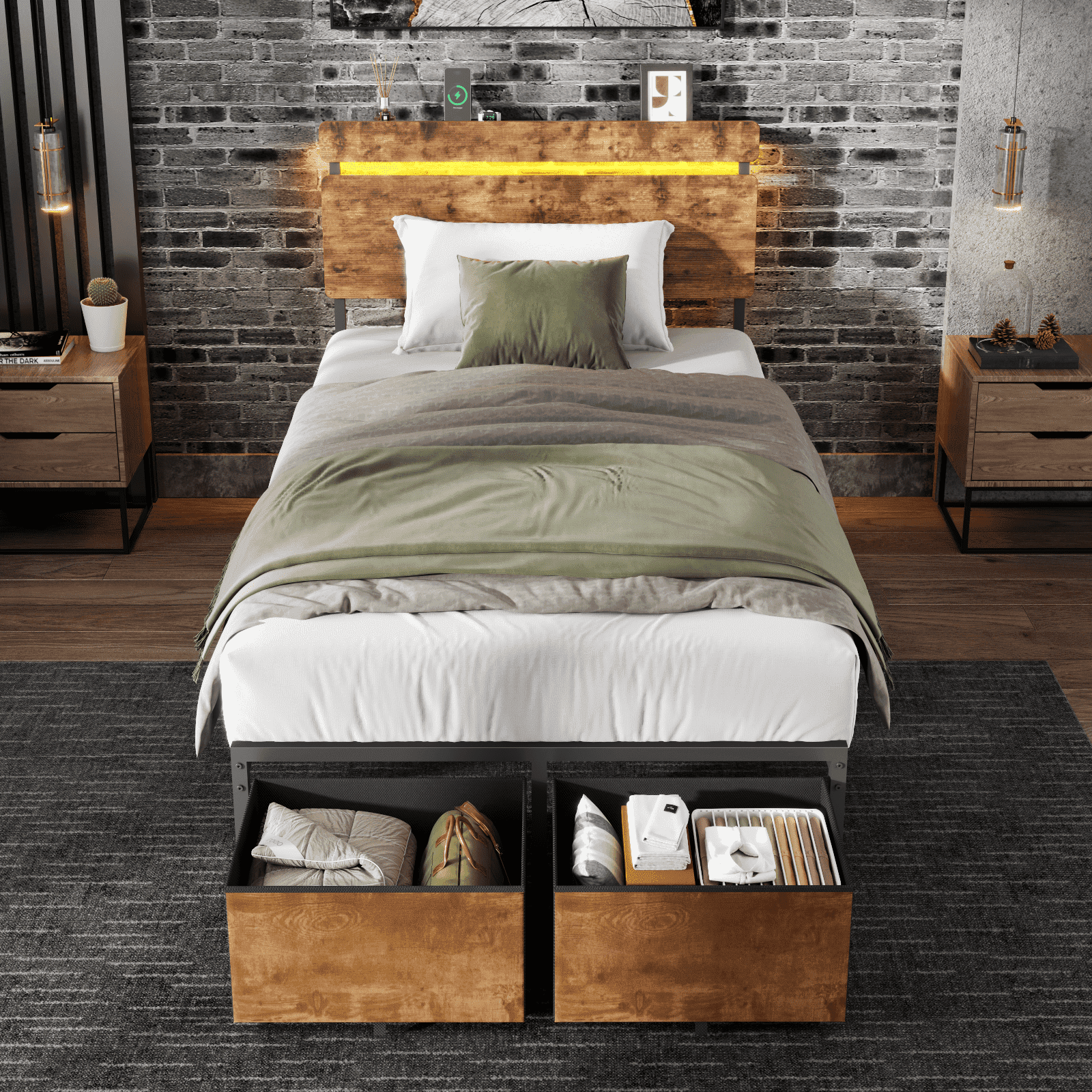 Satifur Twin Size Bed Frame with 2 Drawers & LED Lights & Charging ...