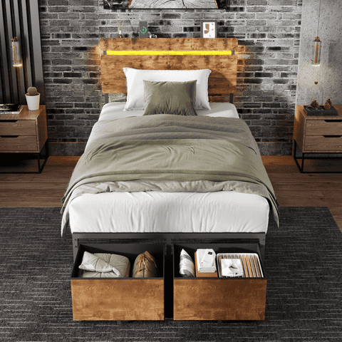 Satifur Twin Size Bed Frame with 2 Drawers & LED Lights & Charging Station, Beds with Headboard & 10.10" Under Bed Storage, No Box Spring Needed, Easy Assembly, Rustic Brown