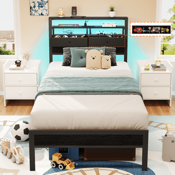 Satifur Twin Size Bed Frame with 2 Storage Drawers Headboard, LED & Charging Station, Black Oak