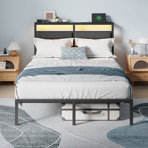 Satifur Full Size Bed Frame with Upholstered Headboard & Shelf, LED Lights & USB Charging Station, Metal Black