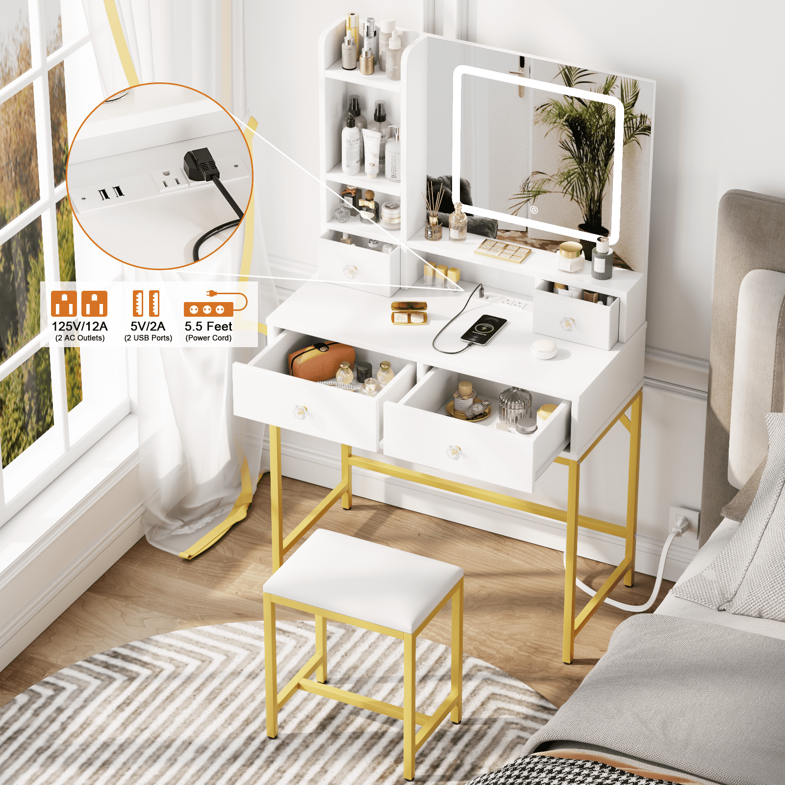 Satifur White Vanity Desk Set Mirror Lights Makeup Table Charging Station Comfortable Bench Big Vanity 3 Storage Compartments 39 4in