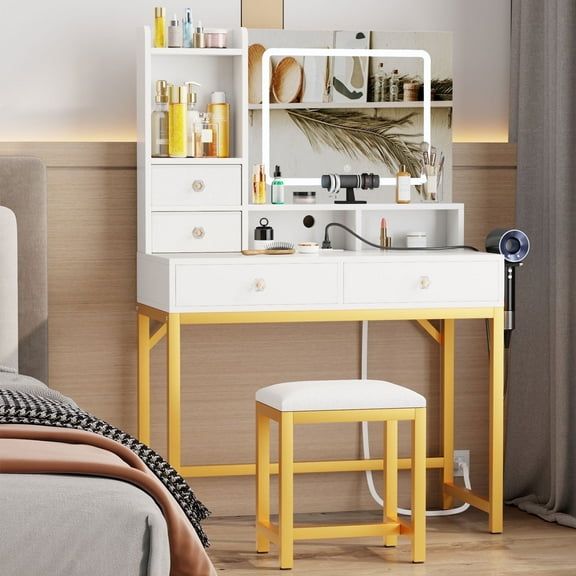 Satifur Vanity Set with Light & Mirror, Makeup Table with Outlet, Drawers & Stool for Women