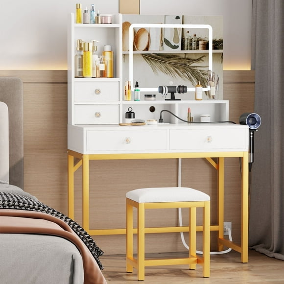 Satifur Vanity Set with Light & Mirror, Makeup Table with Outlet, Drawers & Stool for Women