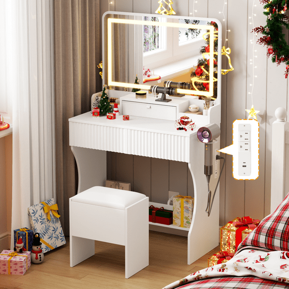 Satifur Vanity Desk Set with Mirror & Lights, Fluted Makeup Dressing Table with Outlets & Storage Drawers