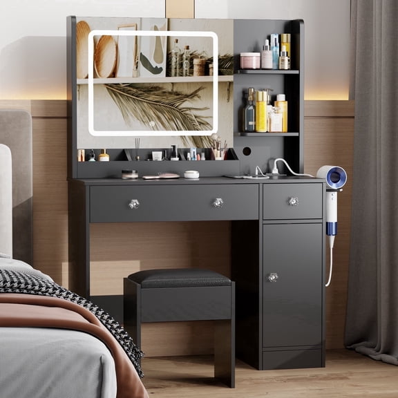 Satifur Vanity Set with Mirror & Lights, GRWM Vanity Desk with Drawers & Storage Shelves, Makeup Dressing Table with Stool & Charging, Black