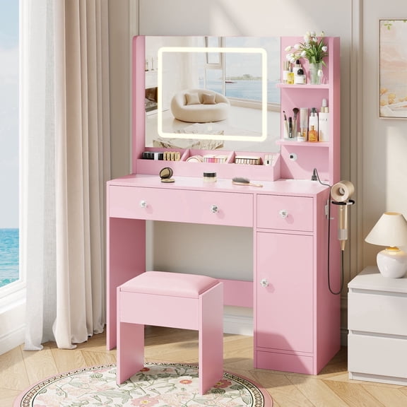 Satifur Vanity Desk with Mirror & Lights, GRWM Vanity Table with Drawers & Storage Shelves, Makeup Dressing Table with Stool & Charging, Pink