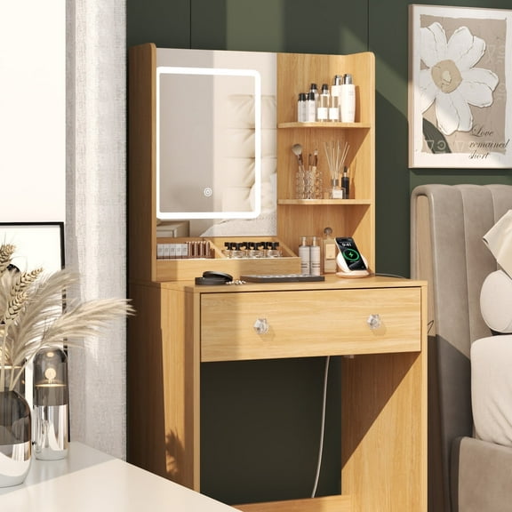 Satifur Vanity Desk with Mirror & Lights, GRWM Vanity with Drawers & Storage Shelves, Makeup Dressing Table with Charging, Nature