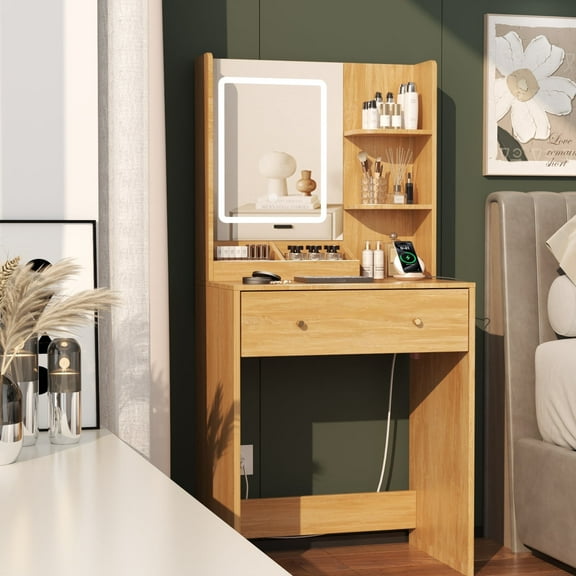 Satifur Vanity Desk with Mirror & Lights, GRWM Vanity with Drawers & Storage Shelves, Makeup Dressing Table with Charging, Nature