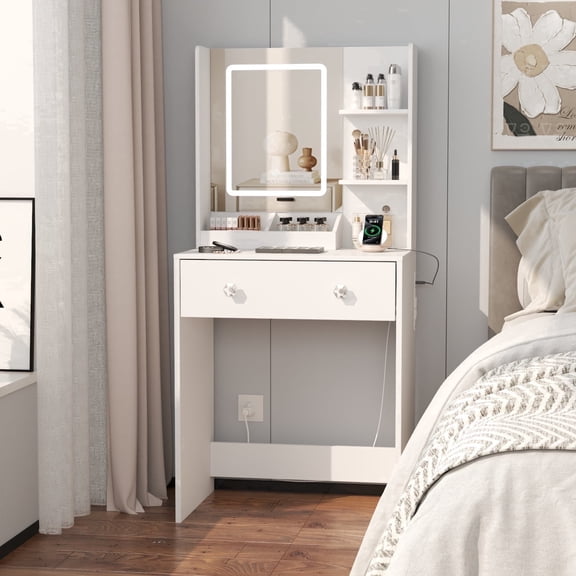 Satifur Vanity Desk with Mirror & Lights, GRWM Vanity with Drawers & Storage Shelves, Makeup Dressing Table with Charging, White